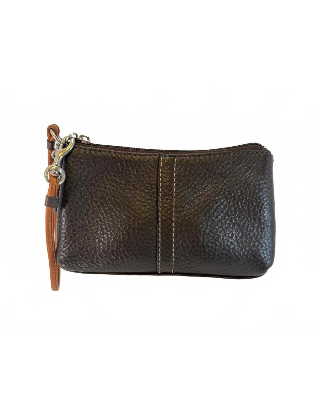 Coach | Pebbled Leather Wristlet Pouch | Brown & Tan Stitching | OS